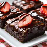 Une assiette de brownies aux fraises enrobées de chocolat.