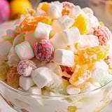 Un bol de salade de fruits avec des guimauves par-dessus.