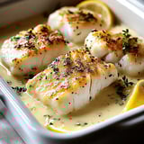 Un plat de cabillaud doré à la crème citronnée et noix de coco.