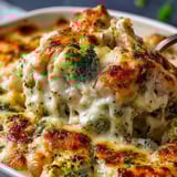 Un gratin de poulet et brocolis crémeux prêt à servir.