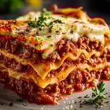 Une portion de lasagnes gratinées au fromage et herbes.