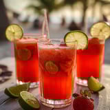 Trois verres de boisson rouge avec des citrons verts et des fraises.