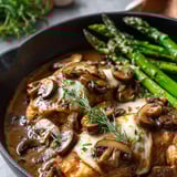 Une poêle avec des champignons et des asperges.