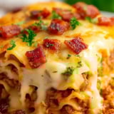 Zoom sur une lasagne fondante au bacon et fromage.