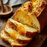 Tranche de pain avec herbes et fromage gratiné dessus.