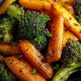 Zoom sur une assiette de brocolis et carottes.