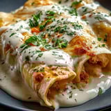 Une assiette garnie d’une sauce blanche.