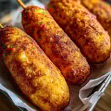 Un panier rempli de corn dogs dorés.