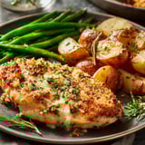 Assiette avec poulet, pommes de terre et haricots verts.
