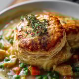Un bol de soupe avec une pâte dorée au-dessus.