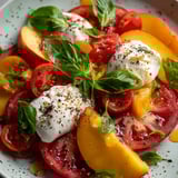 Une assiette colorée de tomates et fromage.