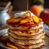 Pile de pancakes garnis de pêches.