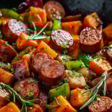 Zoom sur un plat gourmand de saucisse et légumes.