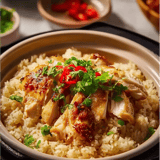 Une potée de haricots avec poulet grillé et oignons.