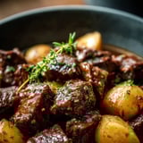 Une cocotte pleine de bœuf tendre, oignons et pommes de terre fondantes.
