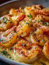 Une assiette de crevettes scampi avec sauce blanche.