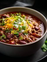 Un bol de chili avec du fromage et des ciboulettes dessus.