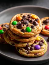 Une assiette de cookies aux pépites de chocolat et M&Ms.