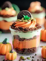 Un verre de dessert à la citrouille avec une couche de miettes de biscuits.