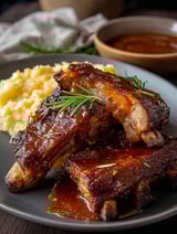 Une assiette avec des côtes nappées de sauce.