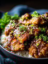 Un plat de cuisses de poulet avec du riz et une garniture.