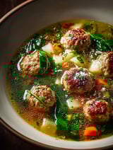Un bol de soupe avec boulettes et légumes verts.