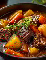 A close up of a stew with meat and vegetables.