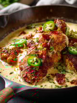 Plat de poulet garni de jalapeños.