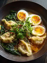 Un bol de soupe avec une raviole savoureuse et un œuf.