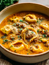 Un bol de soupe avec des pâtes et de la viande dedans.