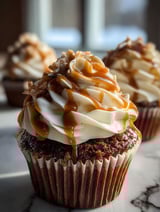 Un cupcake recouvert de sauce caramel et crème fouettée.