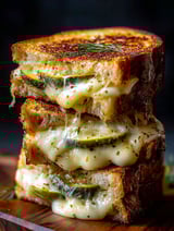 Une pile de grilled cheese avec des cornichons dessus.