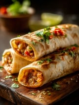 Deux burritos aux fèves sur une table en bois.