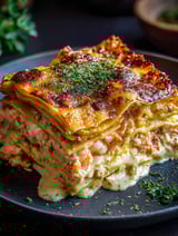 Une délicieuse lasagne aux fruits de mer dans une assiette.