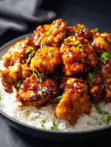 Une assiette de poulet avec du riz.