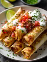 Taquitos au poulet avec crème fraîche et tomates.