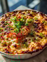 Un délicieux plat avec crevettes, homard, et légumes.