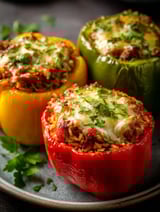 Trois poivrons avec riz et fromage.