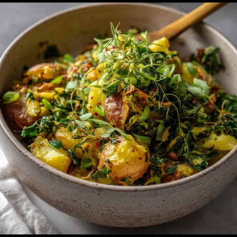 Un bol de salade de pommes de terre écrasées au citron et poivre.
