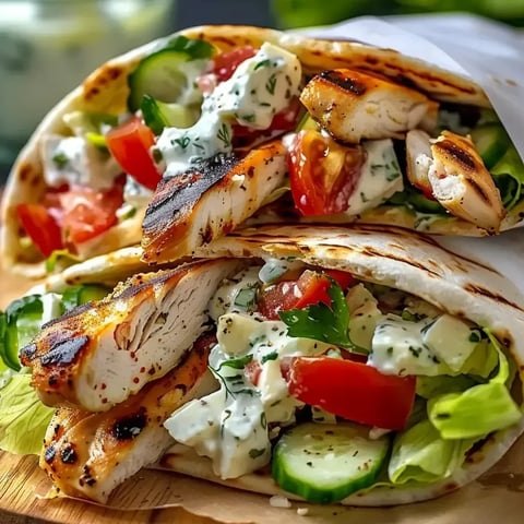 Un sandwich gyros avec du poulet et des tomates.