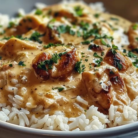 Un bol de riz et poulet nappé de sauce crémeuse.