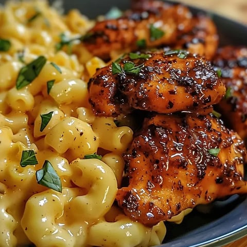 Une assiette avec macaroni au fromage et poulet.