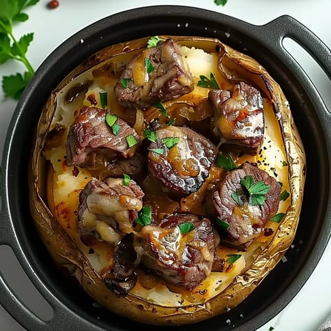 Une pomme de terre au four garnie de morceaux de steak.