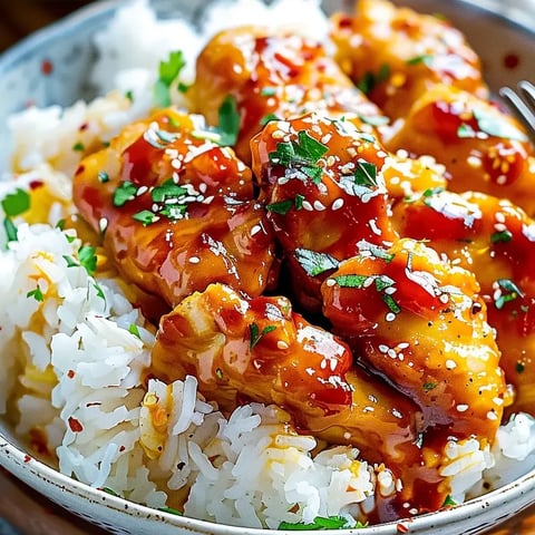 Une assiette de riz avec du poulet et de la sauce.