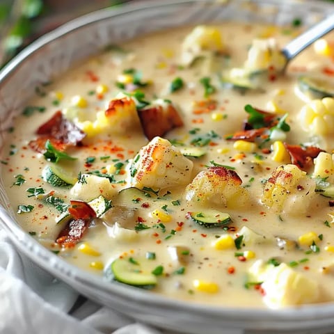 Un bol de soupe avec maïs et courgettes.