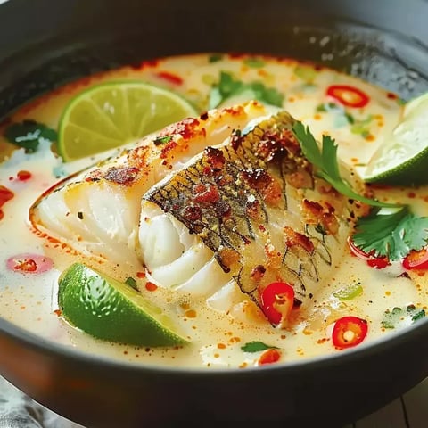 Un bol de soupe avec poisson et citron vert.