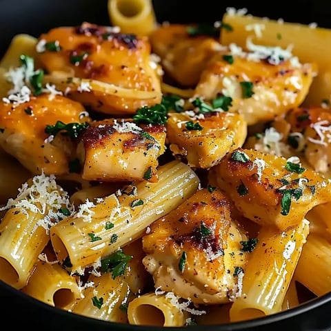 Un bol de poulet au beurre d'ail avec rigatoni et parmesan.