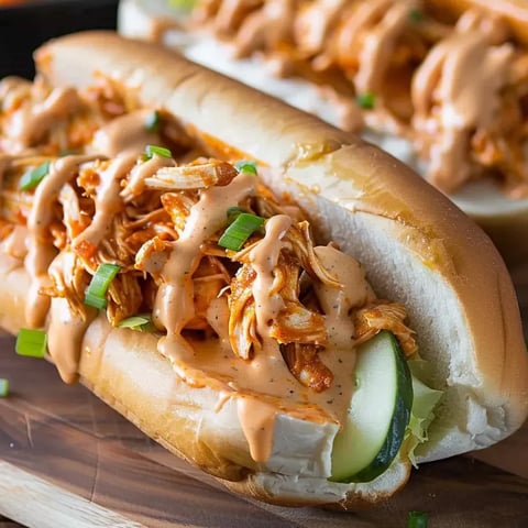 Un sandwich au poulet buffalo sur une table en bois.