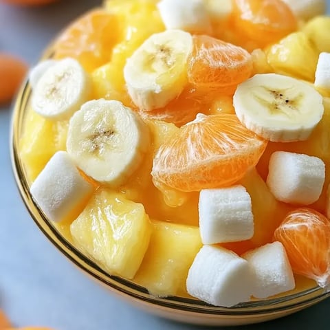 Un bol de salade de fruits avec bananes, oranges et guimauves.