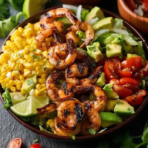 Un bol de salade mexicaine aux crevettes grillées, maïs et avocat.
